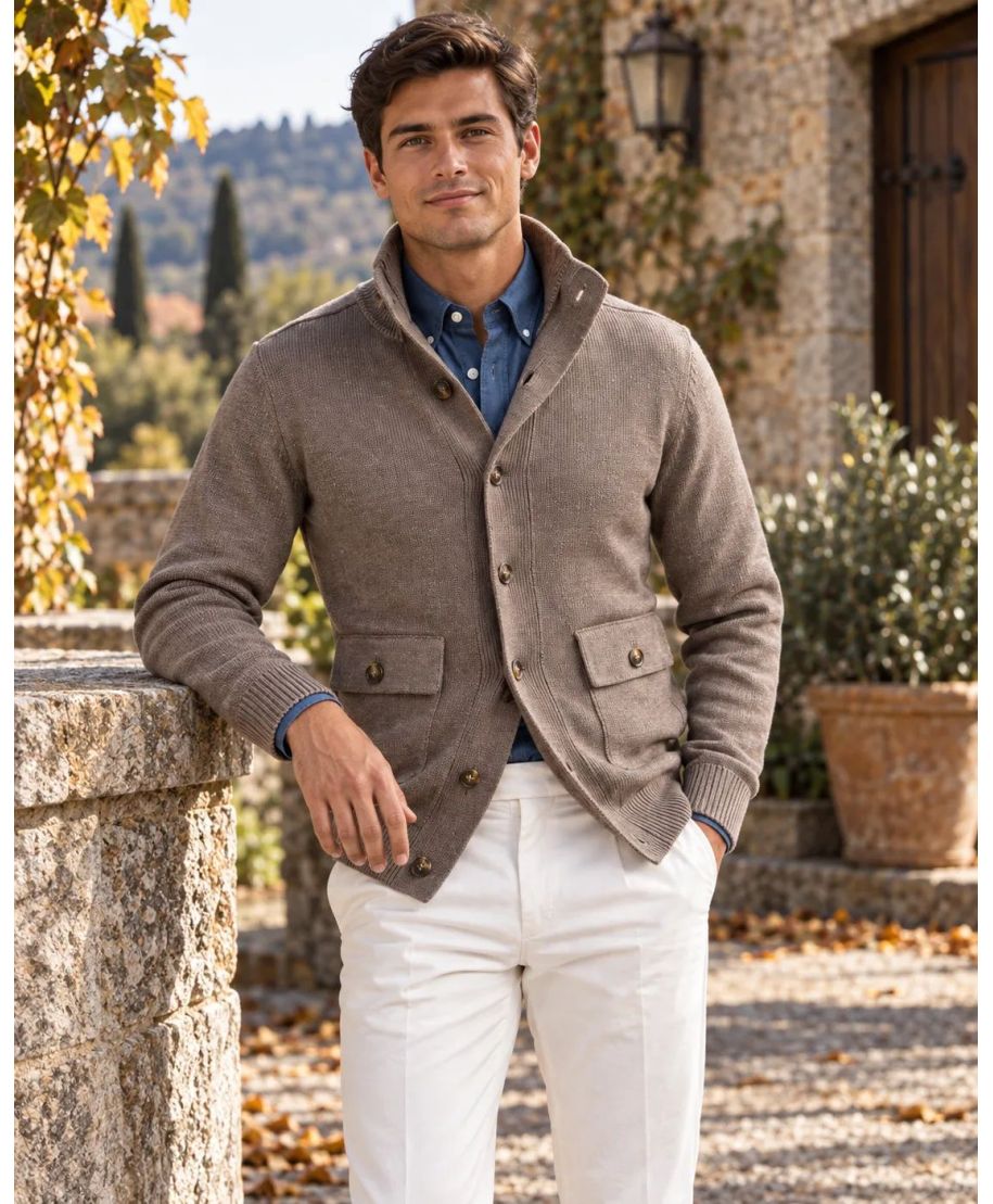 Cardigan uomo con bottoni, fango - Hughetto - Maglioni da ufficio, autunno, caldi - Gogolfun.it