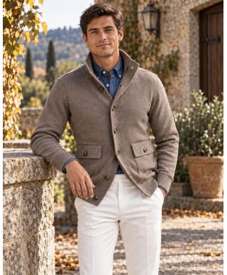 Cardigan uomo con bottoni, fango - Hughetto - Maglioni da ufficio, autunno, caldi - Gogolfun.it