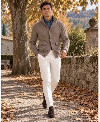Cardigan uomo con bottoni, fango - Hughetto - Maglioni da ufficio, autunno, caldi - Gogolfun.it