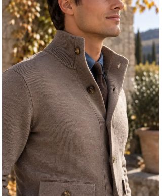 Cardigan uomo con bottoni, fango - Hughetto - Maglioni da ufficio, autunno, caldi - Gogolfun.it