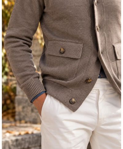 Cardigan uomo con bottoni, fango - Hughetto - Maglioni da ufficio, autunno, caldi - Gogolfun.it