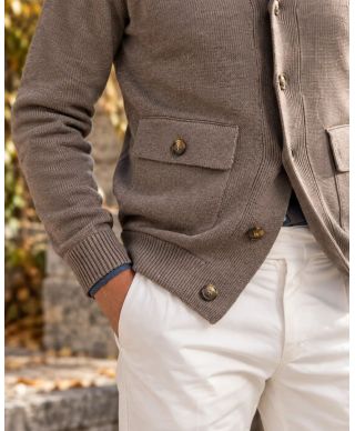 Cardigan uomo con bottoni, fango - Hughetto - Maglioni da ufficio, autunno, caldi - Gogolfun.it