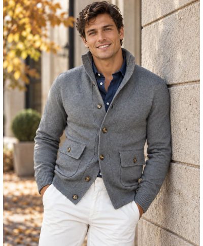 Cardigan uomo grigio con bottoni - Hughetto - Cardigan da ufficio - Gogolfun.it