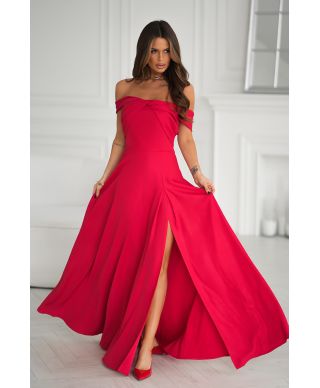 Abito lungo rosso con spacco e scollo alla spagnola - Manichette cadenti
