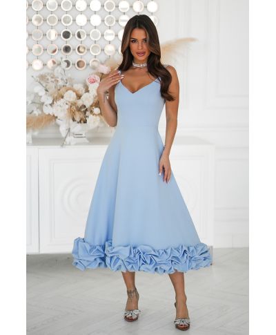 Abito elegante midi azzurro con Balza Floreale 3D – Tessa