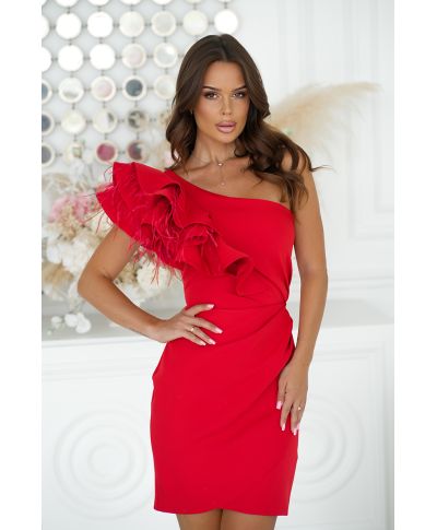 Vestito corto elegante con piume, Rosso - Fiora Mini