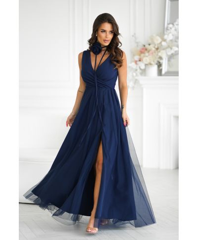 Abito elegante lungo - Spacco sulla gamba - Colore blu navy