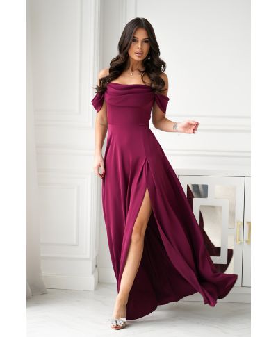 Abito elegante, lungo - Spacco sulla gamba - Spalline cadenti - Bordeaux