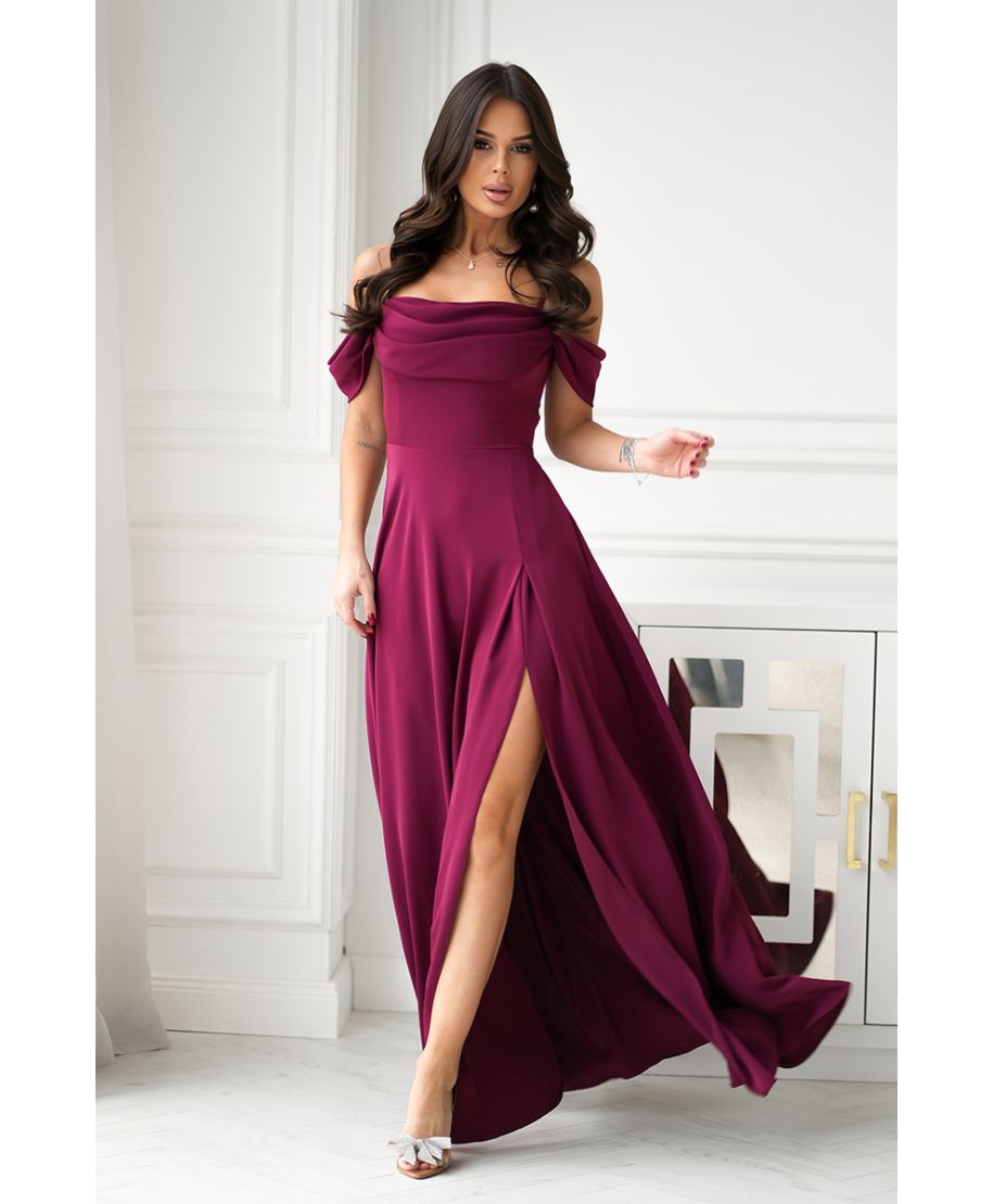 Abito elegante, lungo - Spacco sulla gamba - Spalline cadenti - Bordeaux