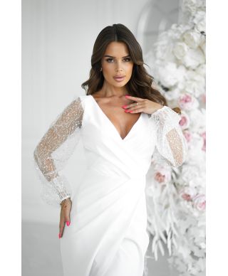 Abito elegante, lungo - Maniche in paillettes - Ecru - Scarlet