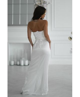 Vestito lungo bianco in raso con rosa couture e spacco – ROSE