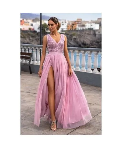 Vestito lungo elegante, rosa - Doppio spacco