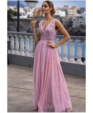 Vestito lungo elegante, rosa - Doppio spacco