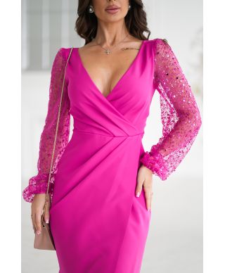 Abito da cerimonia con maniche trasparenti e paillettes - Colore fucsia