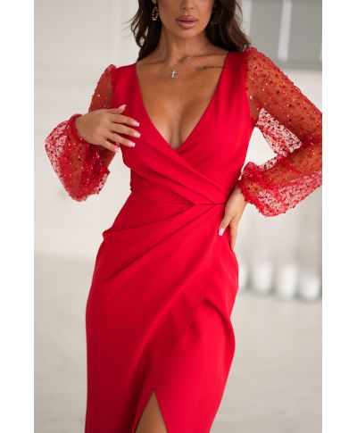 Abito da cerimonia con maniche trasparenti e paillettes - Colore rosso