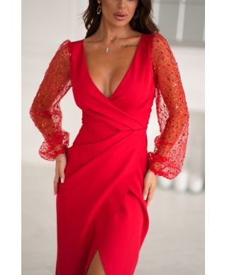 Abito da cerimonia con maniche trasparenti e paillettes - Colore rosso
