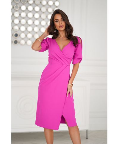 Abito midi fucsia - Scollo a V – Maniche con spacco - Eleganza e femminilità in un unico capo