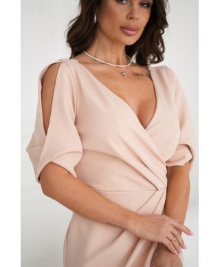 Abito midi elegante - Scollo a V - Maniche con spacco - Beige