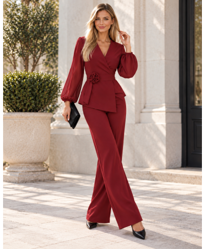 Completo Donna da Cerimonia Rosso - Blusa Incrociata - Pantaloni Larghi e Cintura con Fiore - THAIS - GOGOLFUN.IT