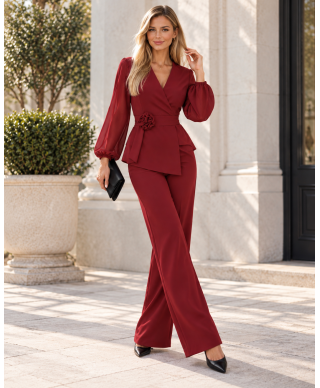 Completo Donna da Cerimonia Rosso - Blusa Incrociata - Pantaloni Larghi e Cintura con Fiore - THAIS - GOGOLFUN.IT