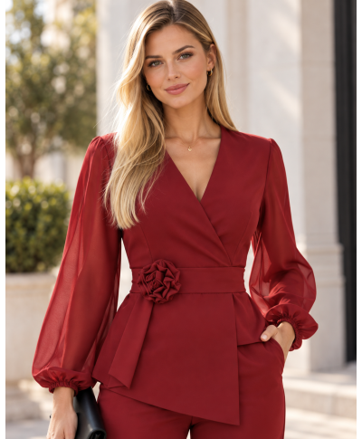 Completo Donna da Cerimonia Rosso - Blusa Incrociata - Pantaloni Larghi e Cintura con Fiore - THAIS - GOGOLFUN.IT