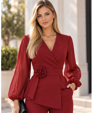 Completo Donna da Cerimonia Rosso - Blusa Incrociata - Pantaloni Larghi e Cintura con Fiore - THAIS
