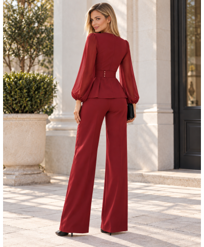 Completo Donna da Cerimonia Rosso - Blusa Incrociata - Pantaloni Larghi e Cintura con Fiore - THAIS - GOGOLFUN.IT