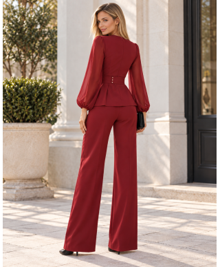 Completo Donna da Cerimonia Rosso - Blusa Incrociata - Pantaloni Larghi e Cintura con Fiore - THAIS