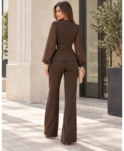 Completo cerimonia donna  marrone con cintura, fiore decorativo e pantaloni a palazzo - THAIS - gogolfun.it