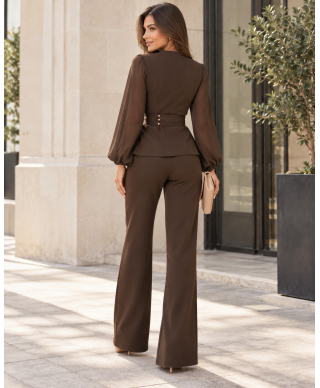 Completo cerimonia donna  marrone con cintura, fiore decorativo e pantaloni a palazzo - THAIS