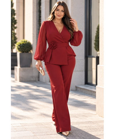 Completo Donna da Cerimonia Rosso - Blusa Incrociata - Pantaloni Larghi e Cintura con Fiore - THAIS - GOGOLFUN.IT