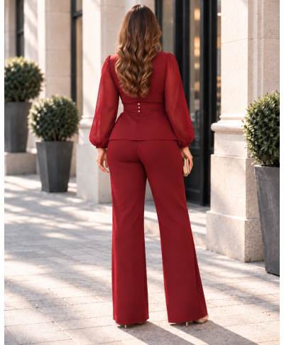 Completo Donna da Cerimonia Rosso - Blusa Incrociata - Pantaloni Larghi e Cintura con Fiore - THAIS - GOGOLFUN.IT
