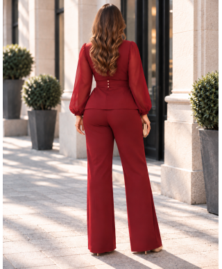 Completo Donna da Cerimonia Rosso - Blusa Incrociata - Pantaloni Larghi e Cintura con Fiore - THAIS