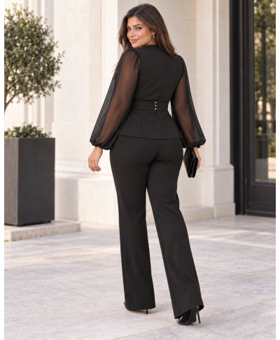 Completo elegante donna nero con cinturino , pantaloni a palazzo  - THAIS