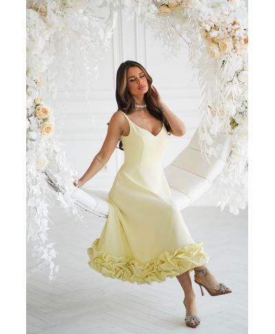 Vestito midi giallo - Spalline Sottili e balza floreale – Tessa