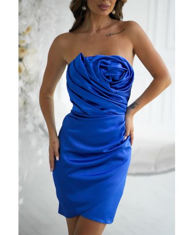 Abito corto elegante blu da cerimonia - Senza spalline - Con fiore drappeggiato sul décolleté