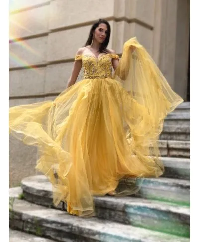 Vestito lungo elegante, corpetto rigido - Giallo