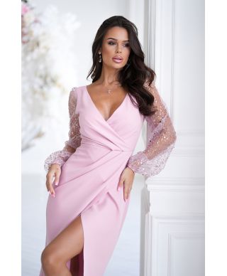 Abito da cerimonia con maniche trasparenti e paillettes - Rosa sporco