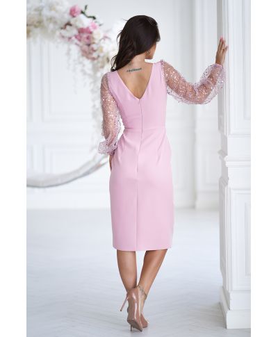Abito da cerimonia con maniche trasparenti e paillettes - Rosa sporco