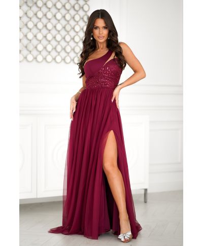 Vestito lungo elegante bordeaux - Corpetto decorato - Nia