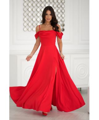 Abito elegante, lungo - Spacco sulla gamba - Spalline cadenti - Rosso