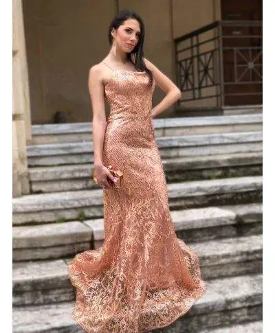 Vestito a sirena, rosa cipria - In pizzo