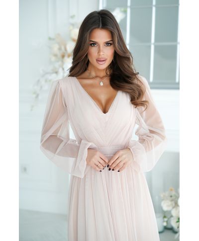 Abito donna - Con manichetta in tulle – Beige