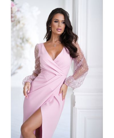 Abito da cerimonia con maniche trasparenti e paillettes - Rosa sporco