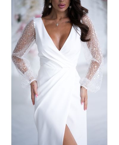 Abito elegante, corto - Maniche trasparenti, decorate con paillettes.– Ecrù