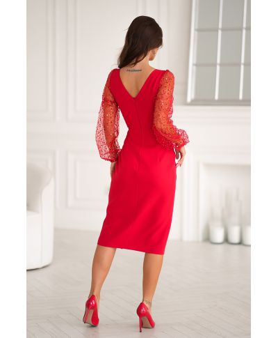 Abito da cerimonia con maniche trasparenti e paillettes - Colore rosso