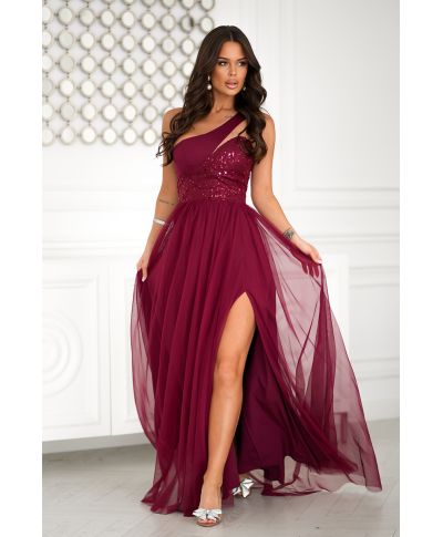 Vestito lungo elegante bordeaux - Corpetto decorato - Nia
