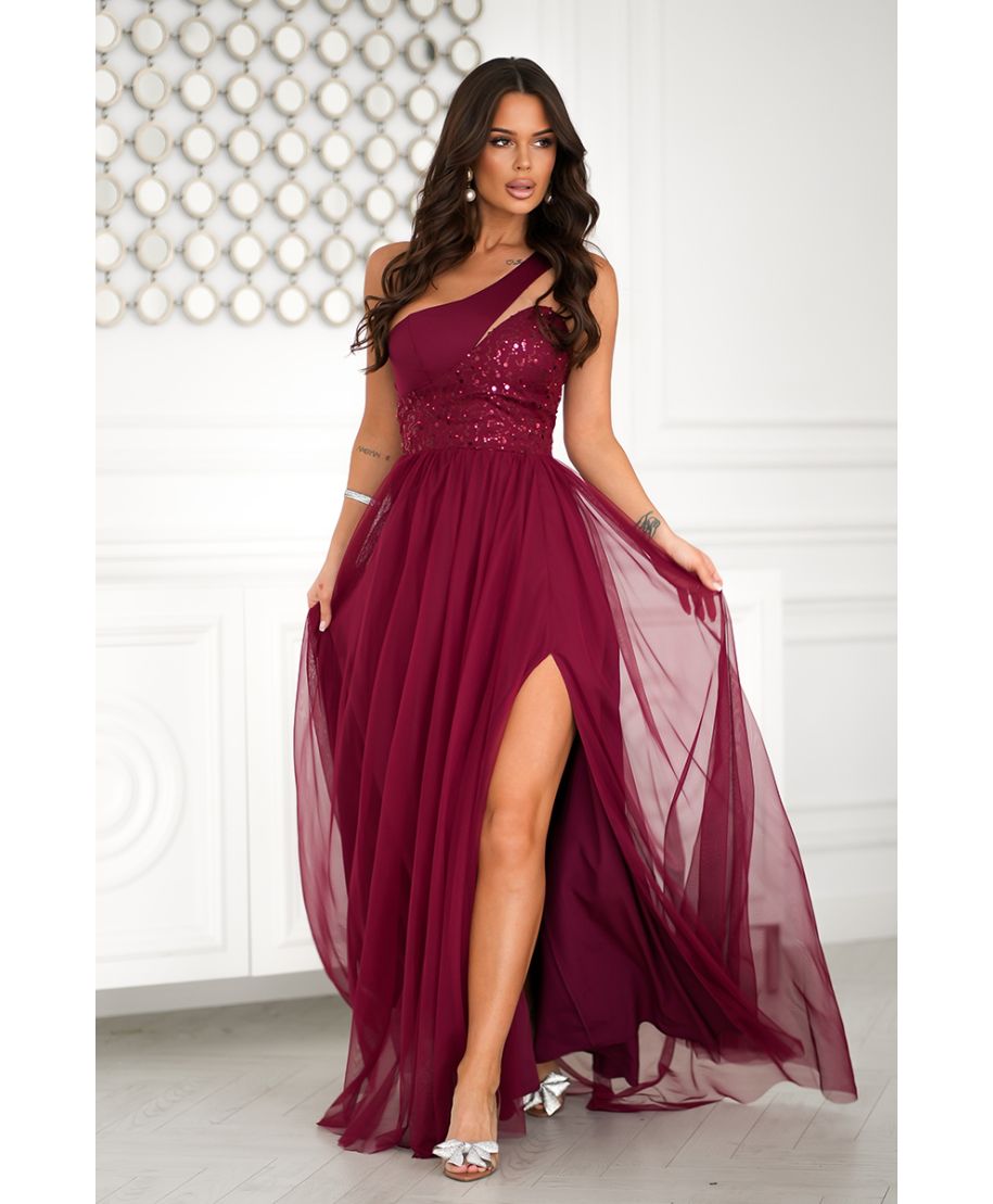 Vestito lungo elegante bordeaux - Corpetto decorato - Nia