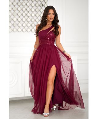 Vestito lungo elegante bordeaux - Corpetto decorato - Nia
