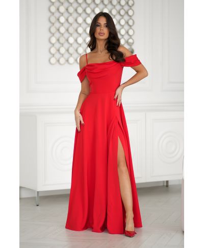 Abito elegante, lungo - Spacco sulla gamba - Spalline cadenti - Rosso